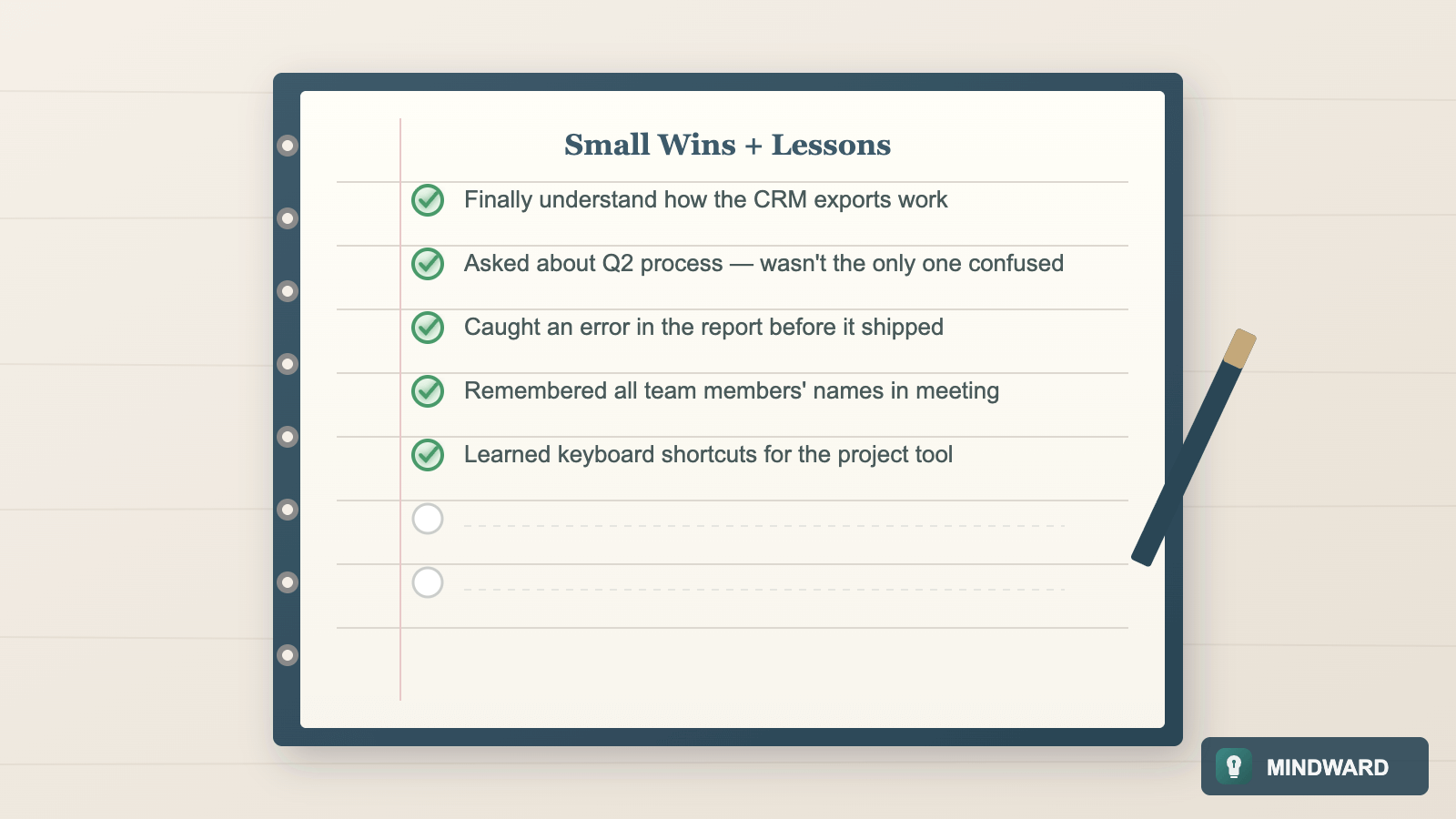 A notebook with a list of small wins and lessons learned, representing the practice of tracking progress to counter negativity bias