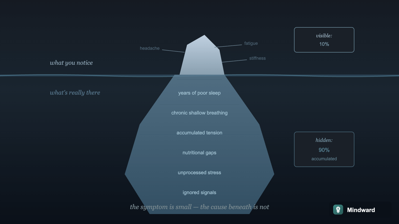 An iceberg where visible symptoms above water are small, but the massive accumulated causes below the surface show the true scope