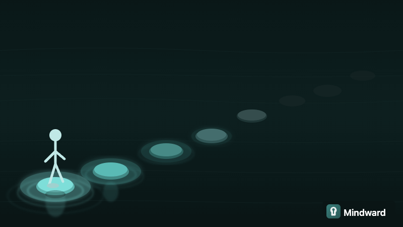 A series of small stepping stones across water, each stone lighting up as someone steps on it