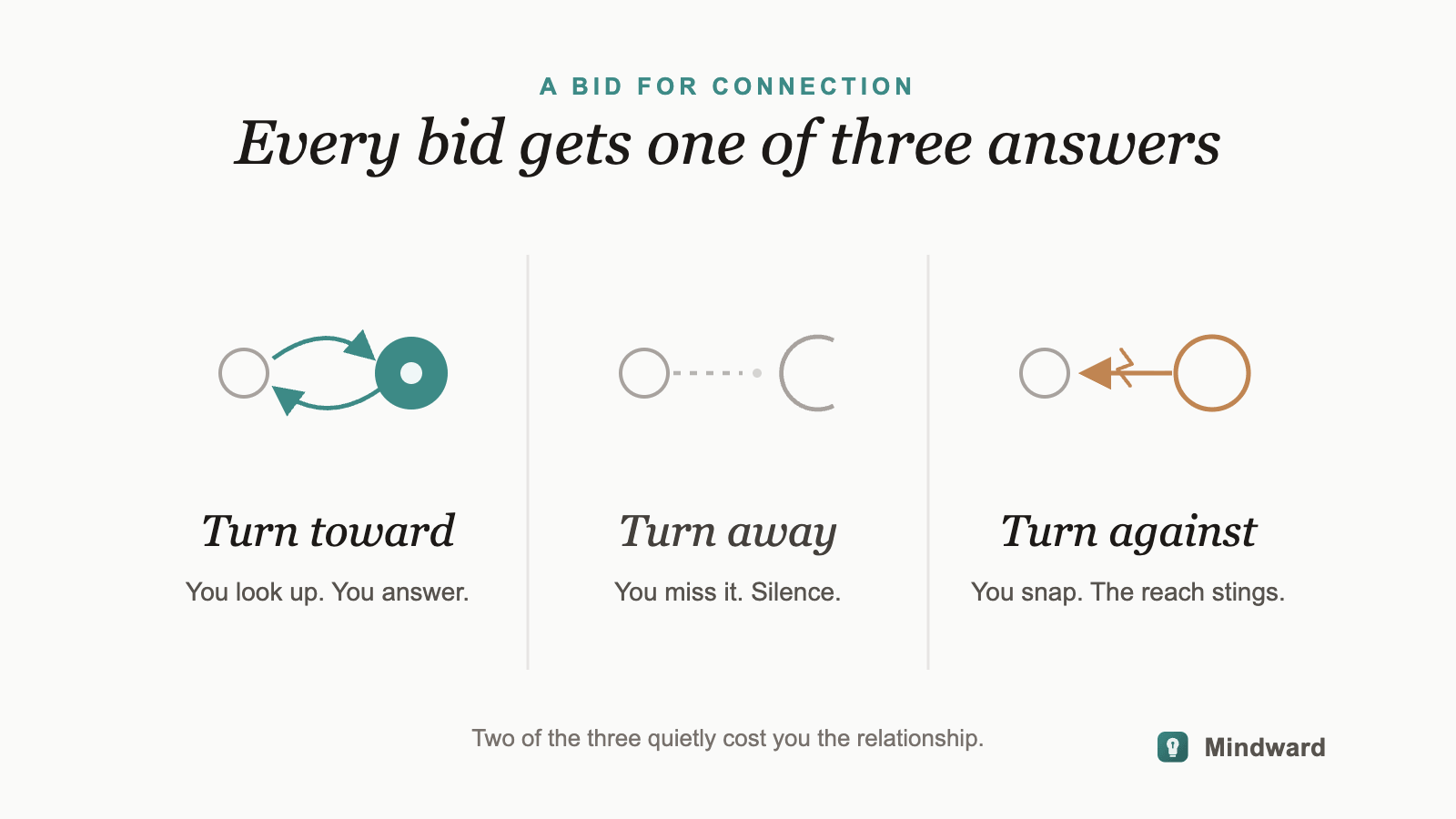 An illustration of the three responses to a bid for connection: turning toward, turning away, and turning against.