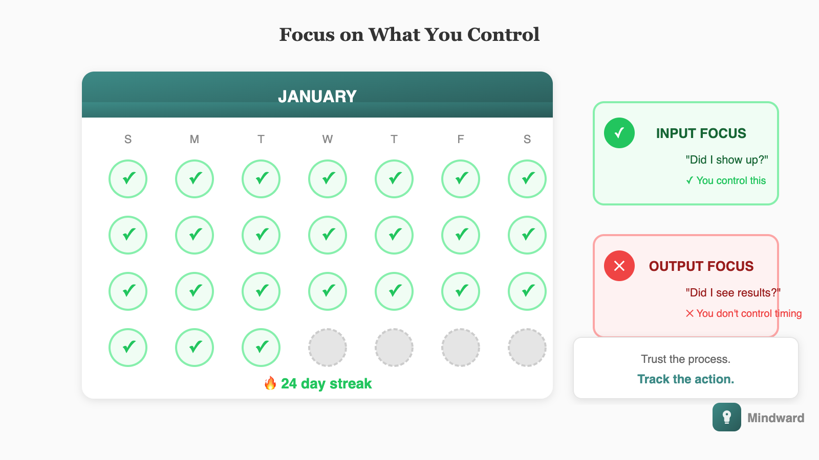 Calendar view showing 30 days with X marks on each completed day. The bottom shows 'input focus' with a checkmark, while 'output focus' is crossed out. A small note reads 'trust the process, track the action.'