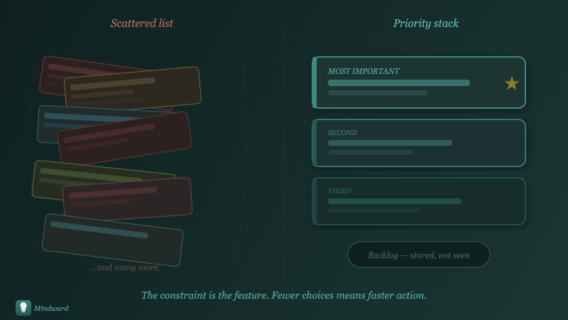 Visual contrast between a chaotic scattered task pile and a clean three-item priority stack, representing mental clarity