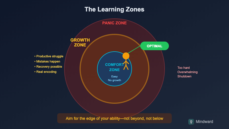 Diagram showing comfort zone, growth zone (productive struggle), and panic zone with optimal learning in the middle