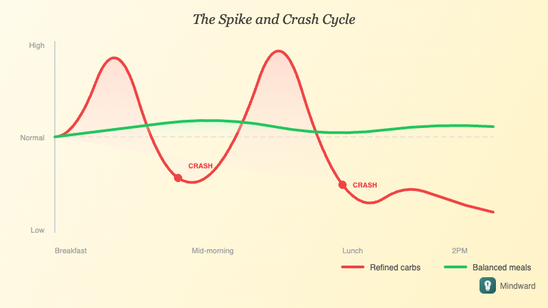 Graph showing blood sugar spike and crash cycle after eating refined carbs versus stable curve with balanced meals