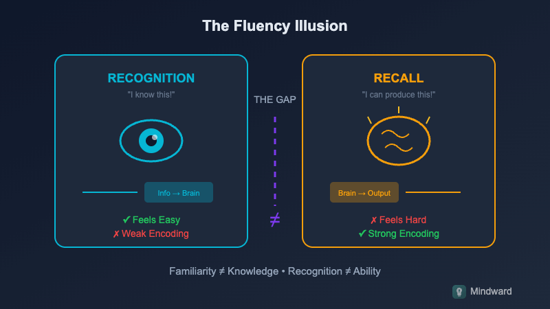 Illustration showing the gap between recognition (easy, passive) and recall (effortful, active)