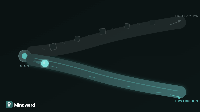 Two paths diverging — one smooth and downhill, one rough with obstacles — showing how friction determines which path gets taken