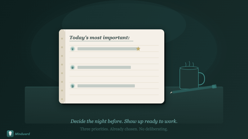 A calm morning desk setup with a minimal handwritten daily plan showing three clear priorities