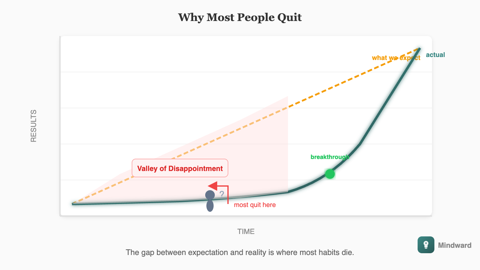 Graph showing expected results as a straight diagonal line going up, versus actual results as a flat line that suddenly curves upward exponentially. The gap between them is labeled 'the valley of disappointment' with a small figure standing in the flat section.