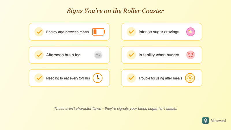 Checklist of blood sugar instability symptoms: energy dips, cravings, brain fog, irritability, frequent hunger