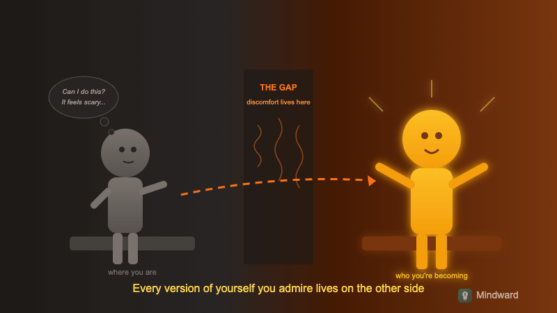 Person standing at the edge of their current self, looking toward a more expanded version on the other side of discomfort
