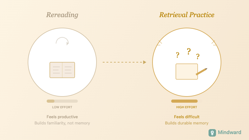 Illustration comparing passive rereading versus active retrieval practice with effort indicators