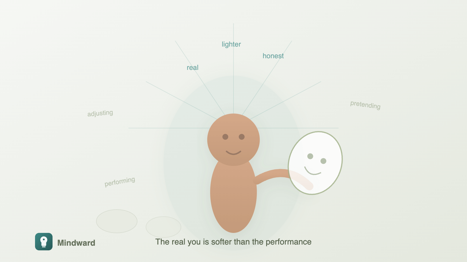 Person removing a mask, looking uncertain but lighter—the real face is softer than the performed one