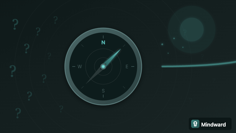 A compass with the needle pointing forward, surrounded by question marks that fade as the path continues ahead
