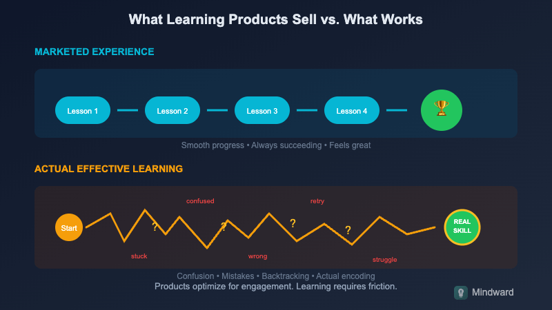 Visual showing polished easy learning path versus messy effective learning path with obstacles
