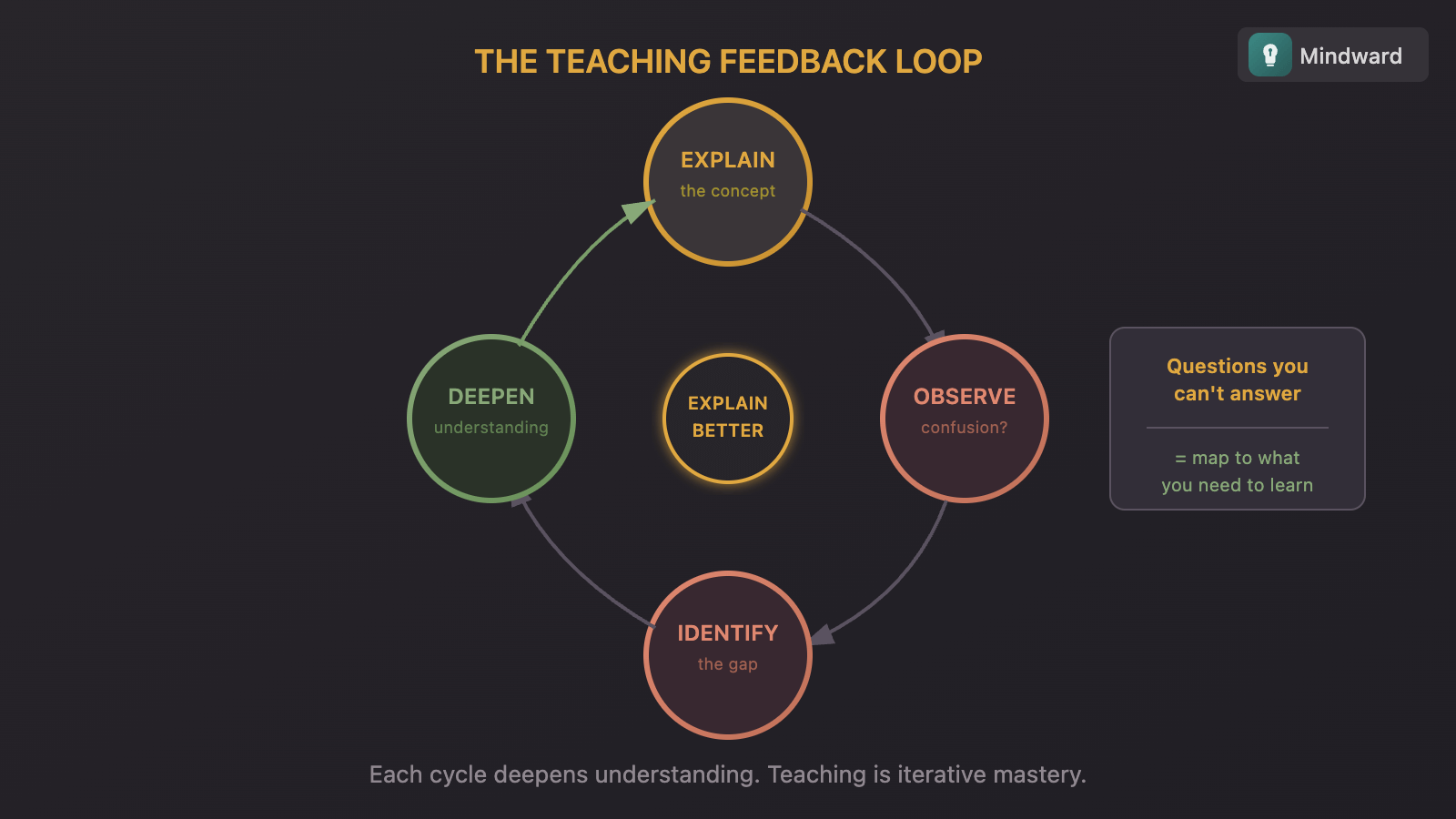Illustration showing the teaching feedback loop: explain, observe confusion, identify gap, deepen understanding, explain better