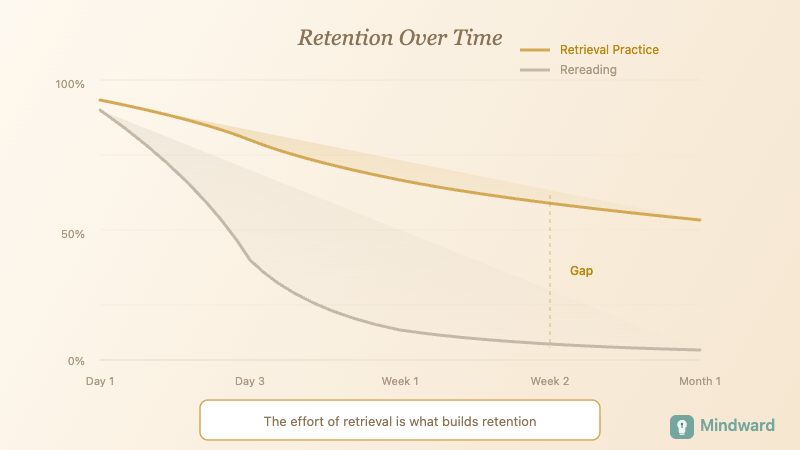 Graph or visual showing retention over time comparing rereading versus retrieval practice