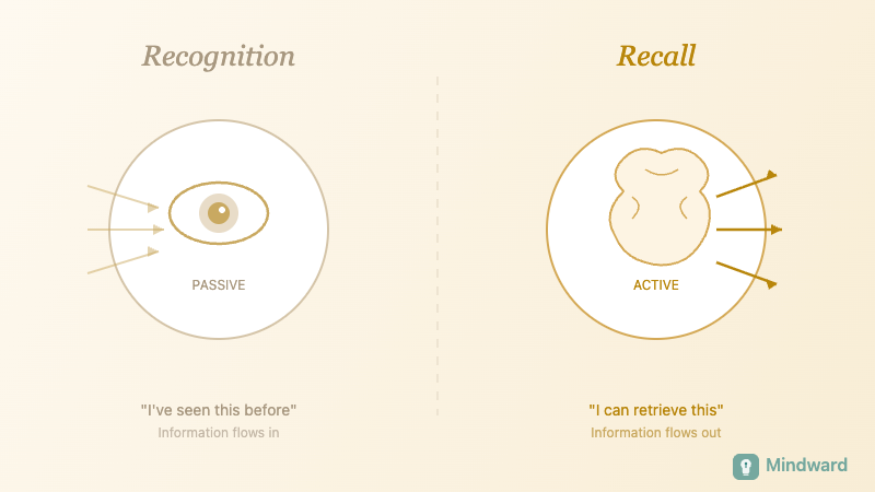 Illustration showing the difference between recognition (passive, seeing) and recall (active, retrieving)