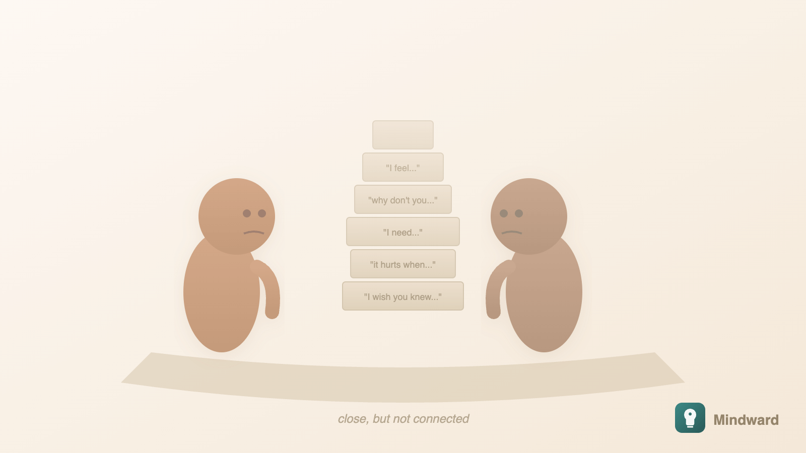 Two people sitting close together physically but with a visible wall of unspoken words building between them