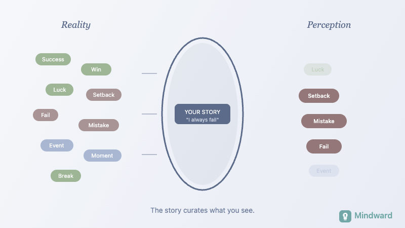 Illustration showing how a narrative filter shapes what we perceive from reality