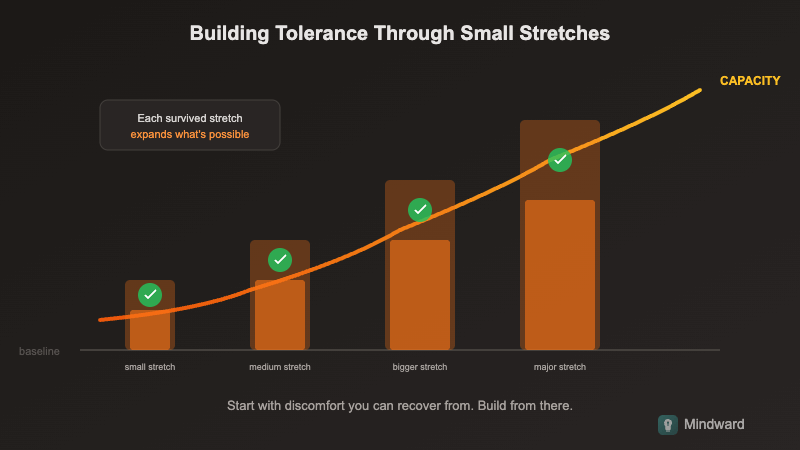 Diagram showing graduated exposure - small discomforts building capacity for larger growth