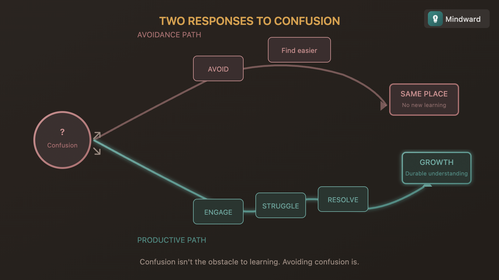 Illustration showing the productive path through confusion: encounter difficulty, engage deeper, resolve, retain - versus the avoidance path that leads nowhere