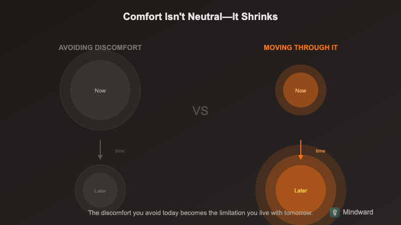 Visual showing comfort zone as a shrinking space over time, while the growth zone expands possibilities