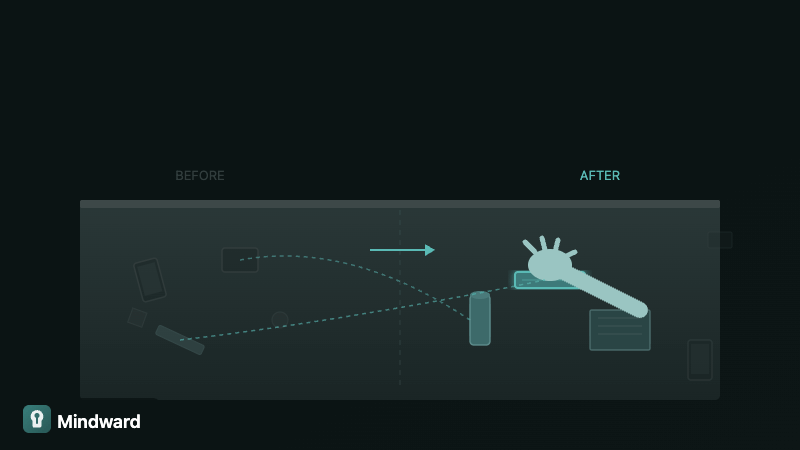 A hand rearranging simple objects on a desk, with dotted lines showing the shift from chaotic to intentional placement
